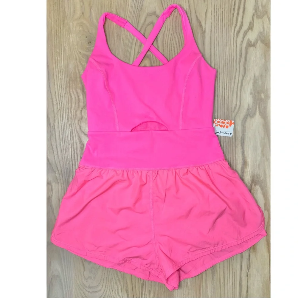 NWT Free People Movement Righteous Runsie Flamingo Fizz Pink Cutout Romper - Picture 3 of 11